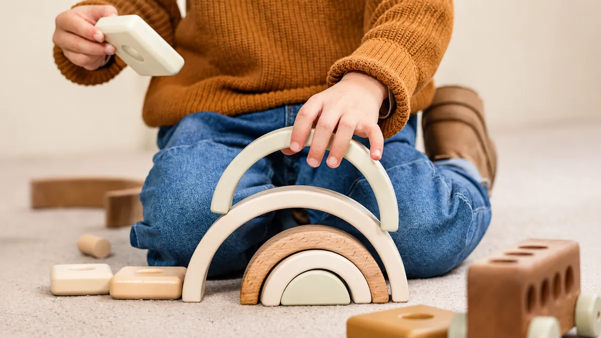 Glitzerfisch Kidsclub — Kind baut mit Holzbausteinen